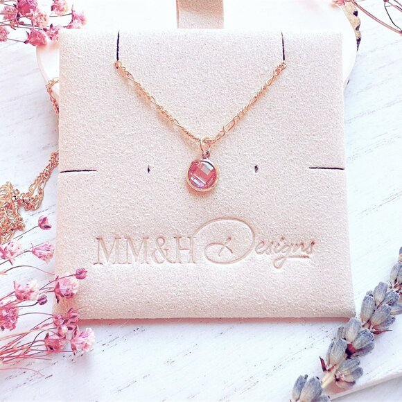 New Dainty Mini Pink Cubic Zirconia on 14k Yellow Gold Filled Chain Necklace - Picture 3 of 6